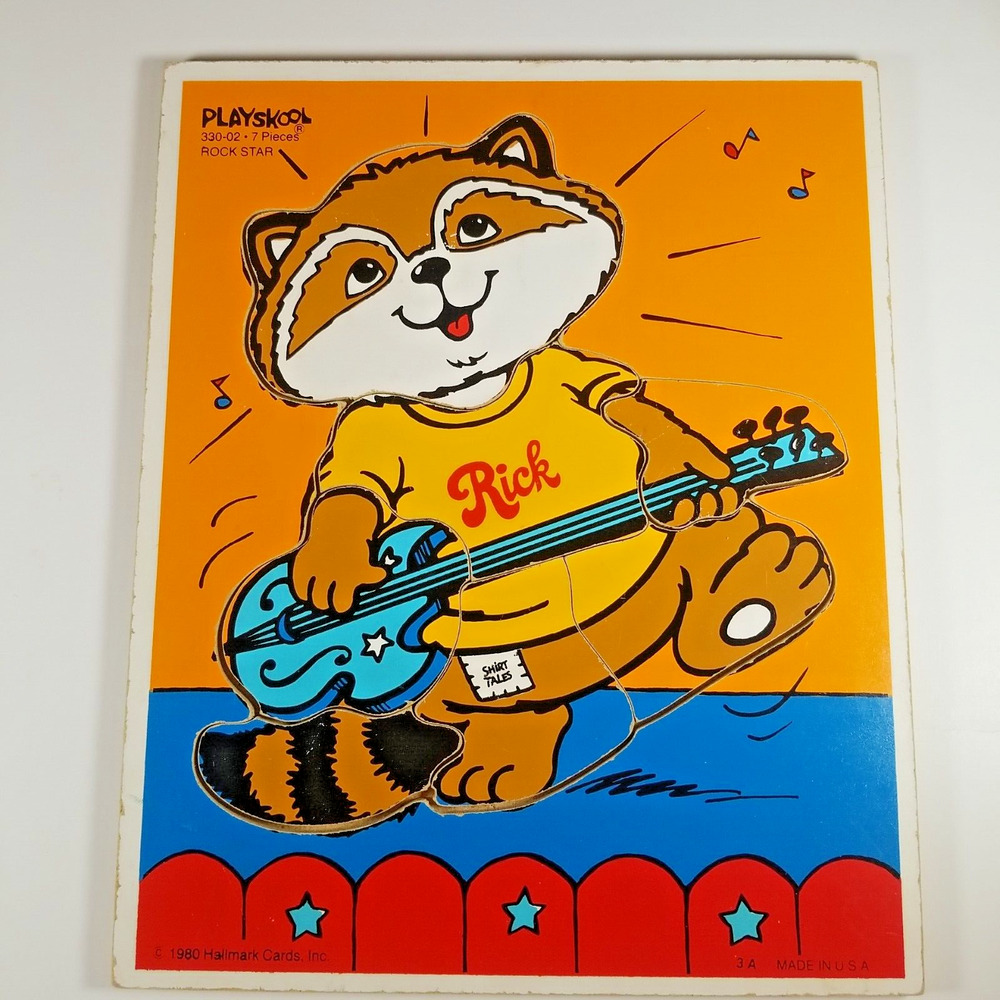 Vintage 1980 Playskool Wooden Puzzle Shirt Tales Rick Rock Star Guitar 7 Pieces